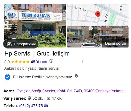 Ankara HP Servisi Google kullanıcı yorumları ve işletme profili